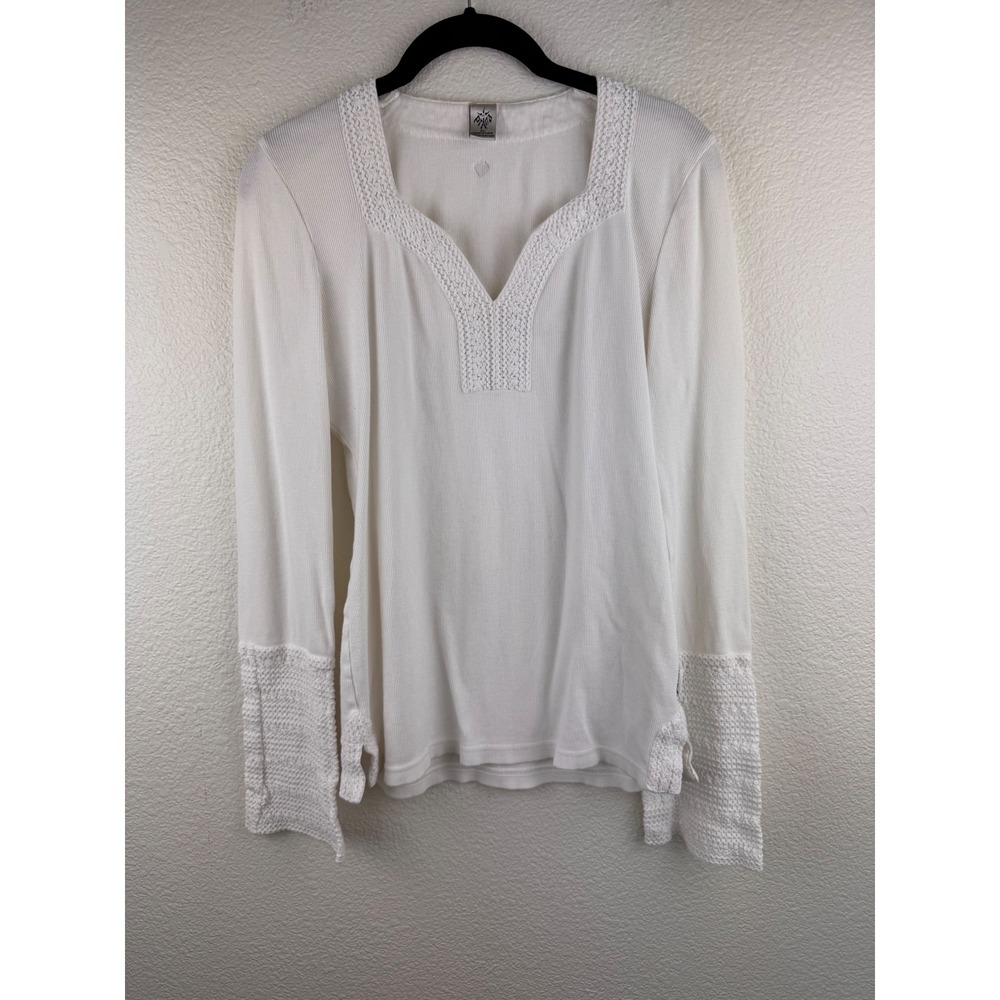 Prana White Knit Crochet Trim V-Neck Long Sleeve Casual Top Womens XL Hiking